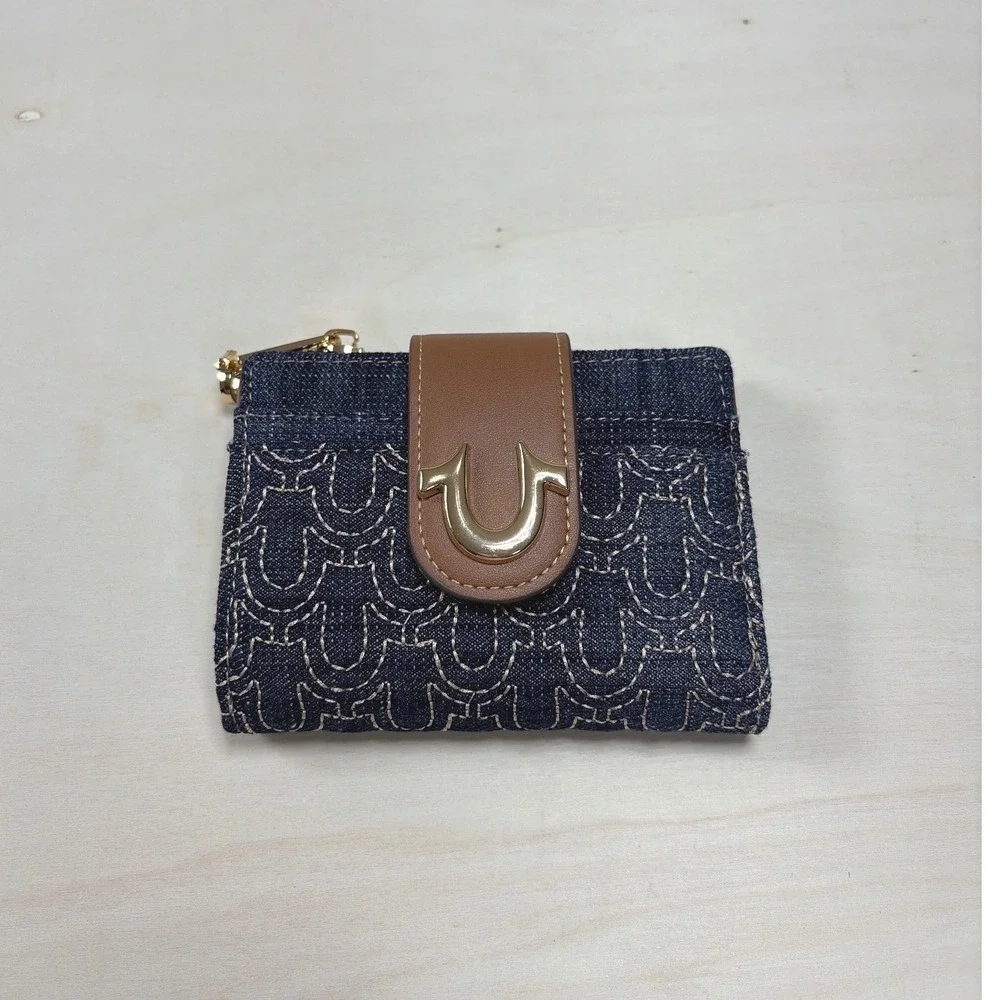 True Religion Denim Crossbody Bag‎ and Wallet Set Blue Tan Horseshoe Logo NWT